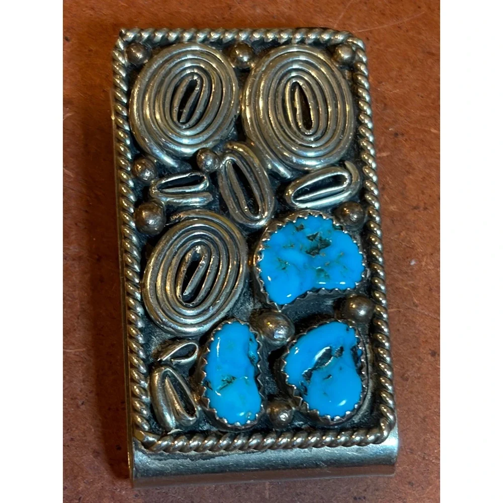 Vintage Southwestern Turquoise Sterling Silver Wirework Spiral Money Clip Mens